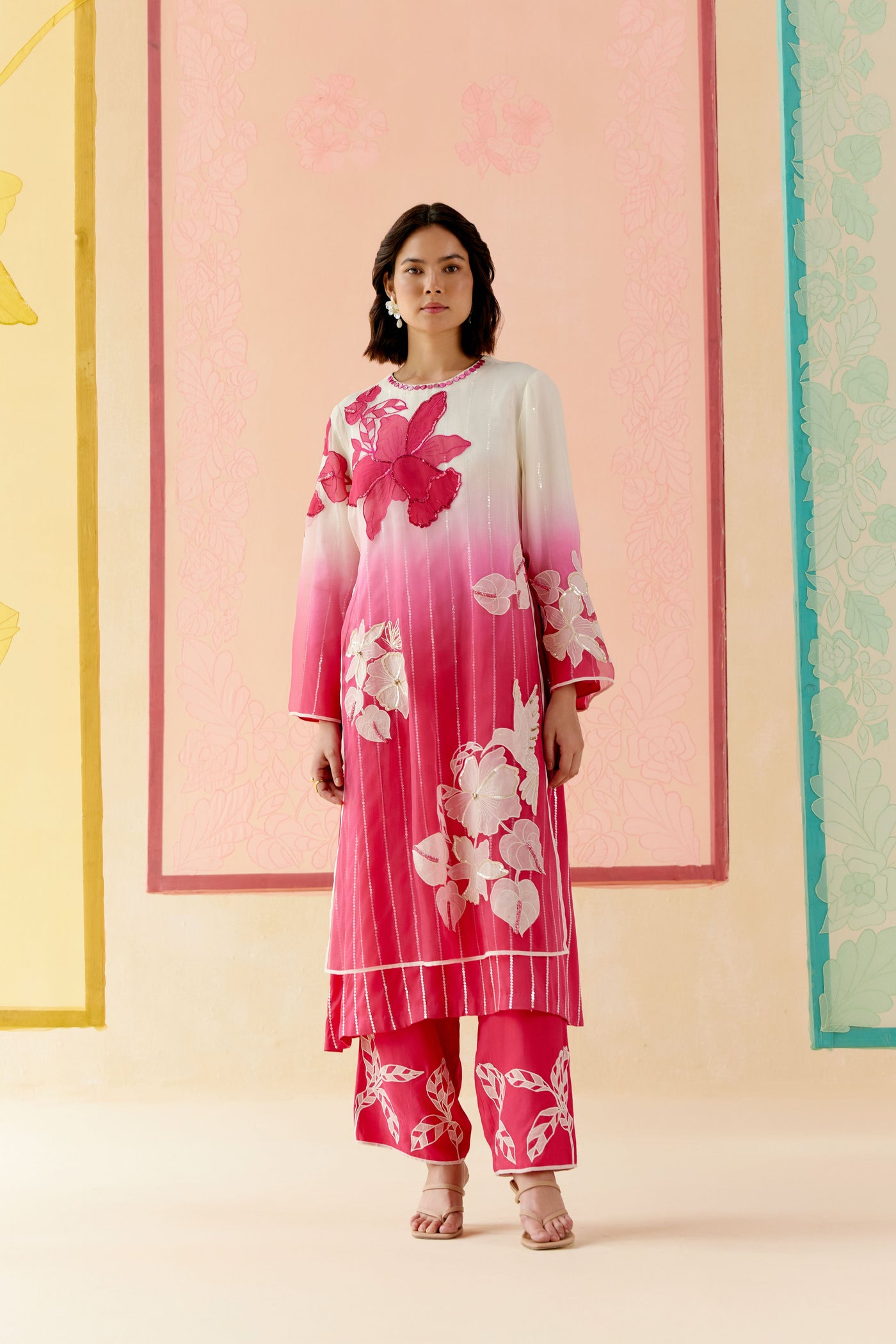 "I AM" a Pink & white rose  applique & hand embroidered ombre layered kurta set