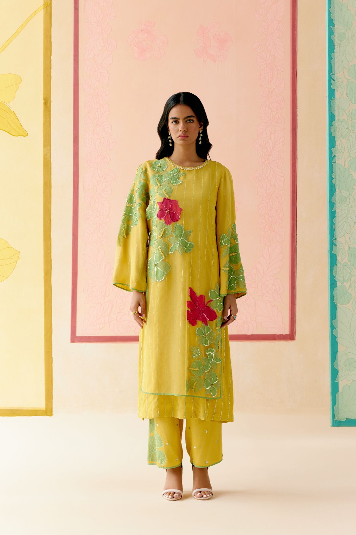 "I AM" a Hyacinth  Mustard applique & hand embroidered layered kurta set