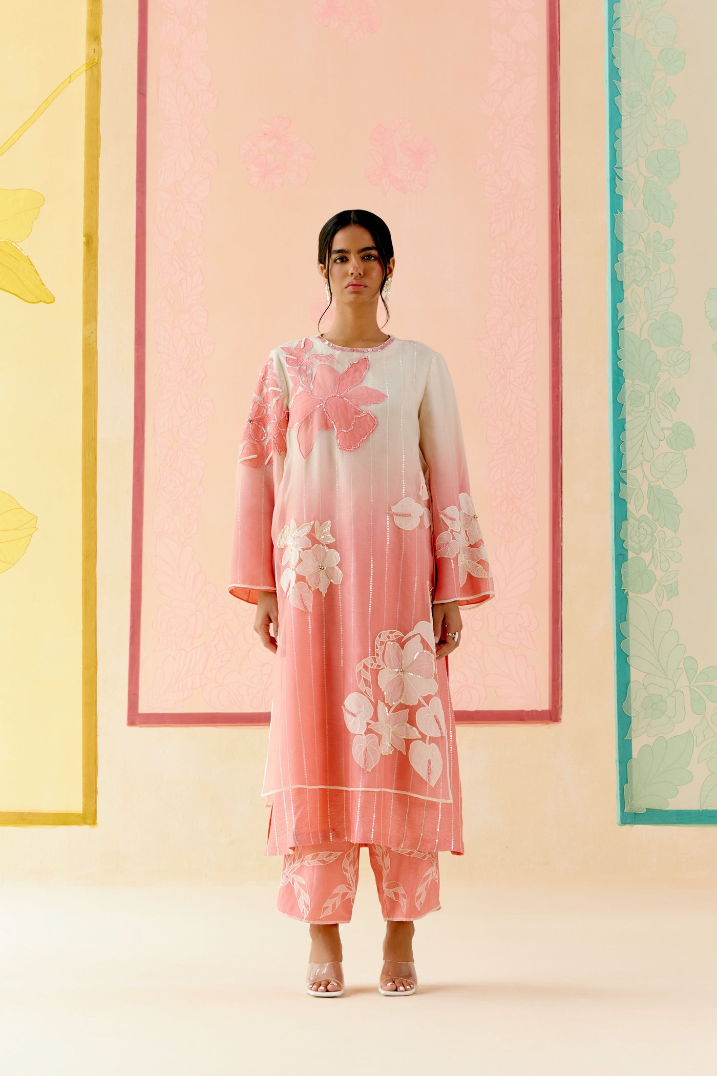"I AM" a Cherry blossom pink & ivory  applique & hand embroidered ombre layered kurta set
