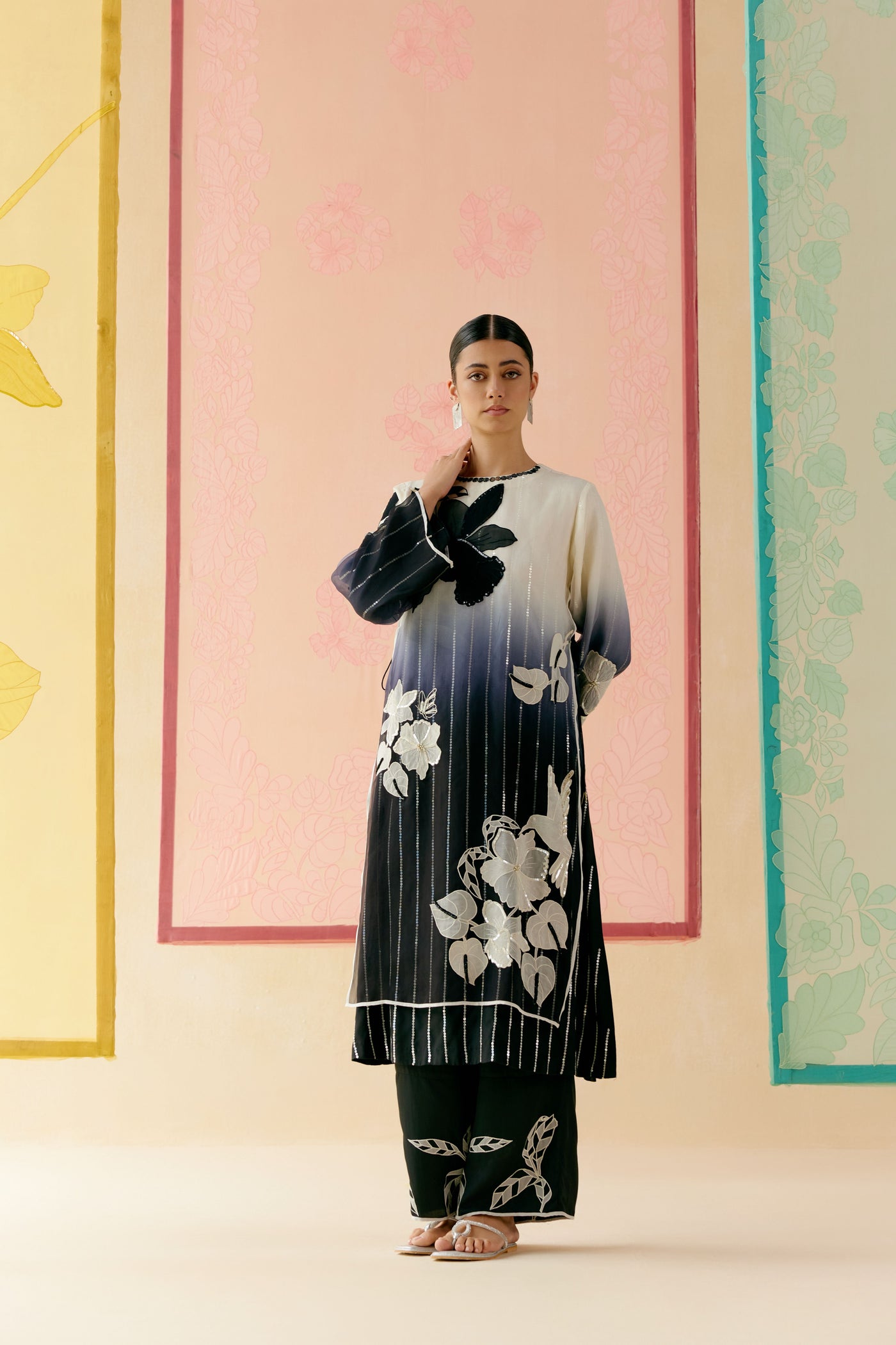 "i Am" a Black & White Rose  Applique & Hand Embroidered Ombre Layered Kurta Set