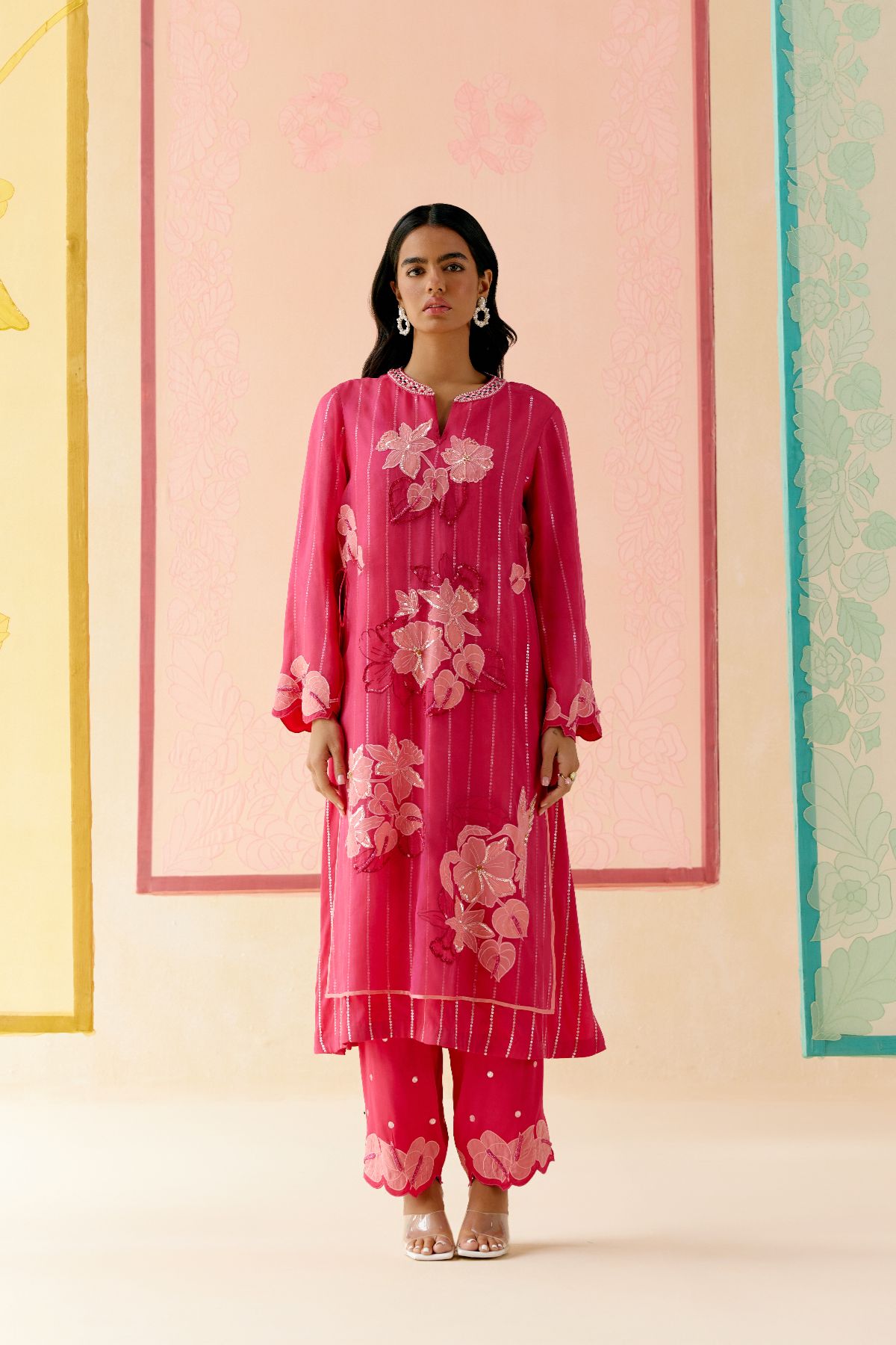 "I AM" a Carnation pink applique & hand embroidered layered kurta set