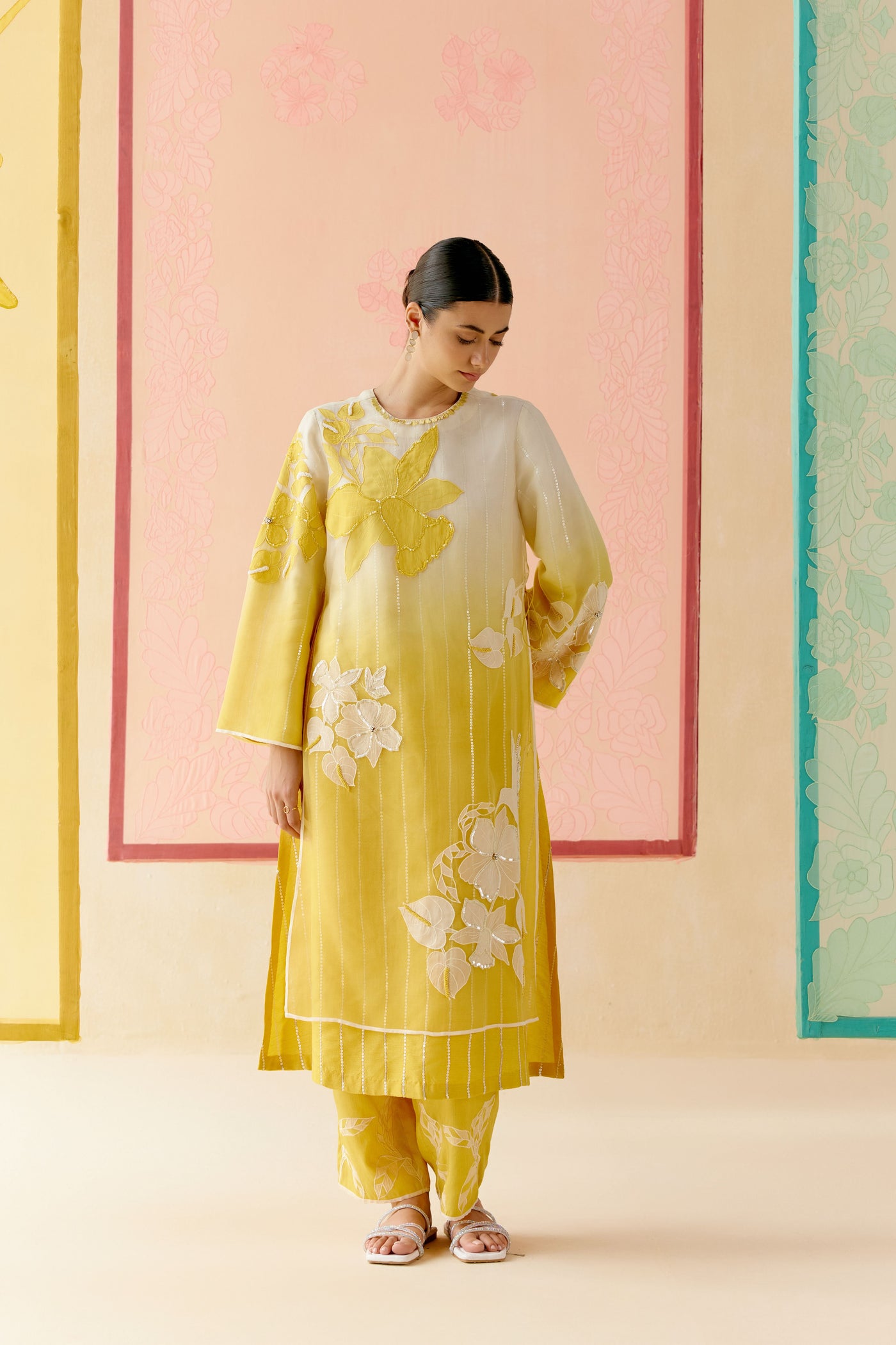 "I AM" a Begonia mustard & ivory applique & hand embroidered ombre layered kurta set