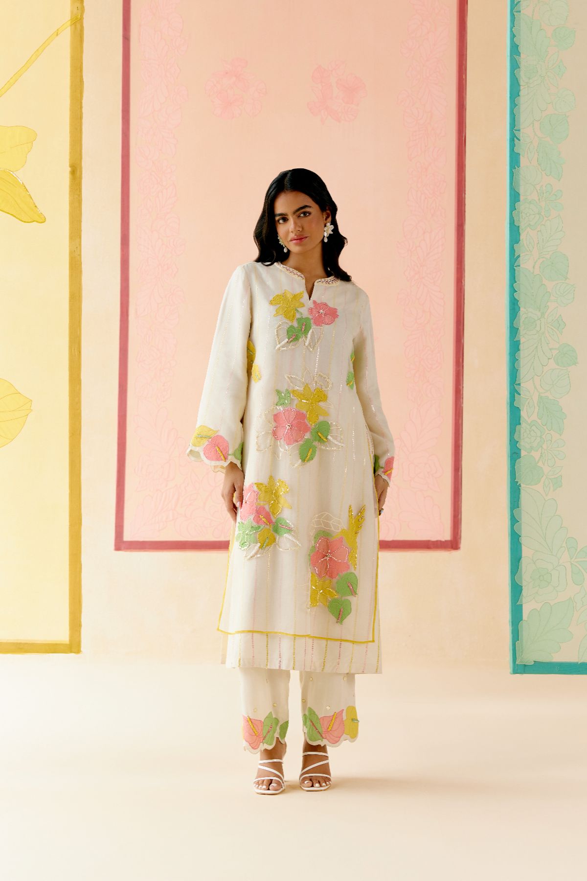 "I AM" a Petunias white applique & hand embroidered layered kurta set