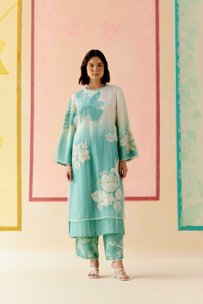 "I AM" a Hydrangea mint & ivory applique & hand embroidered ombre layered kurta set