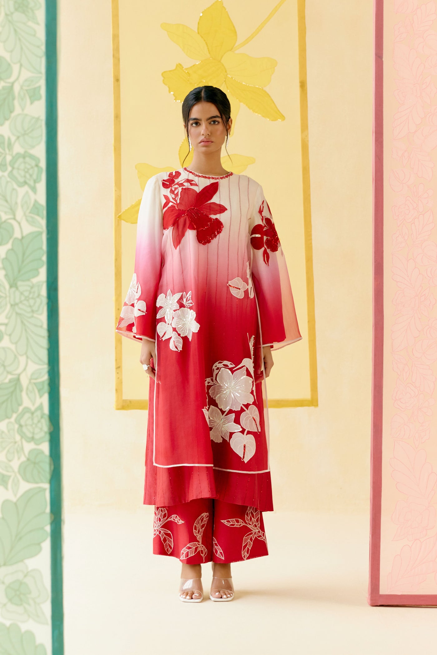 "I AM" a Red  & white rose  applique & hand embroidered ombre layered kurta set