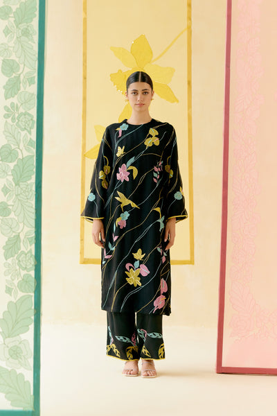 "I AM" a Bougainvillea black applique & hand embroidered leher suit set