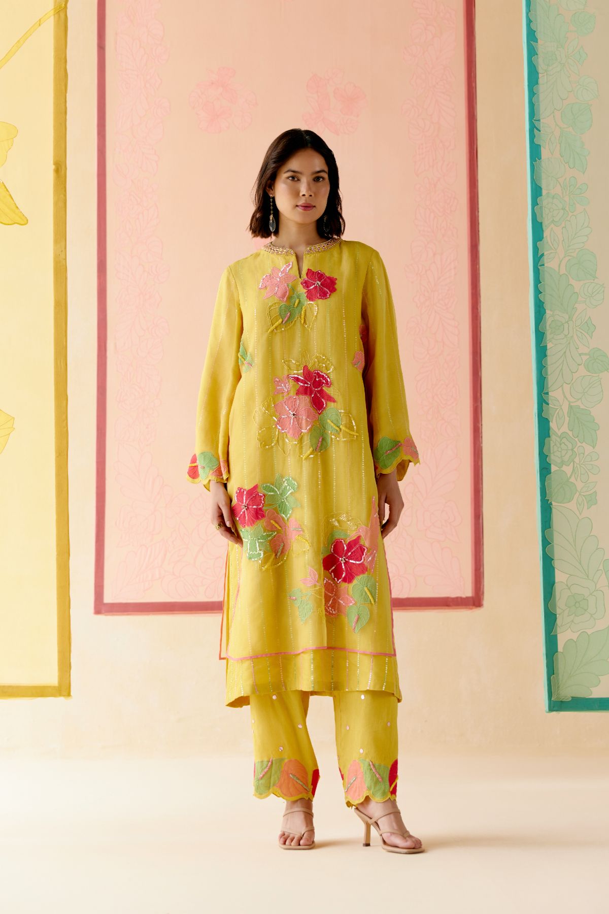 "I AM" a Bougainvillea mustard applique & hand embroidered leher suit set