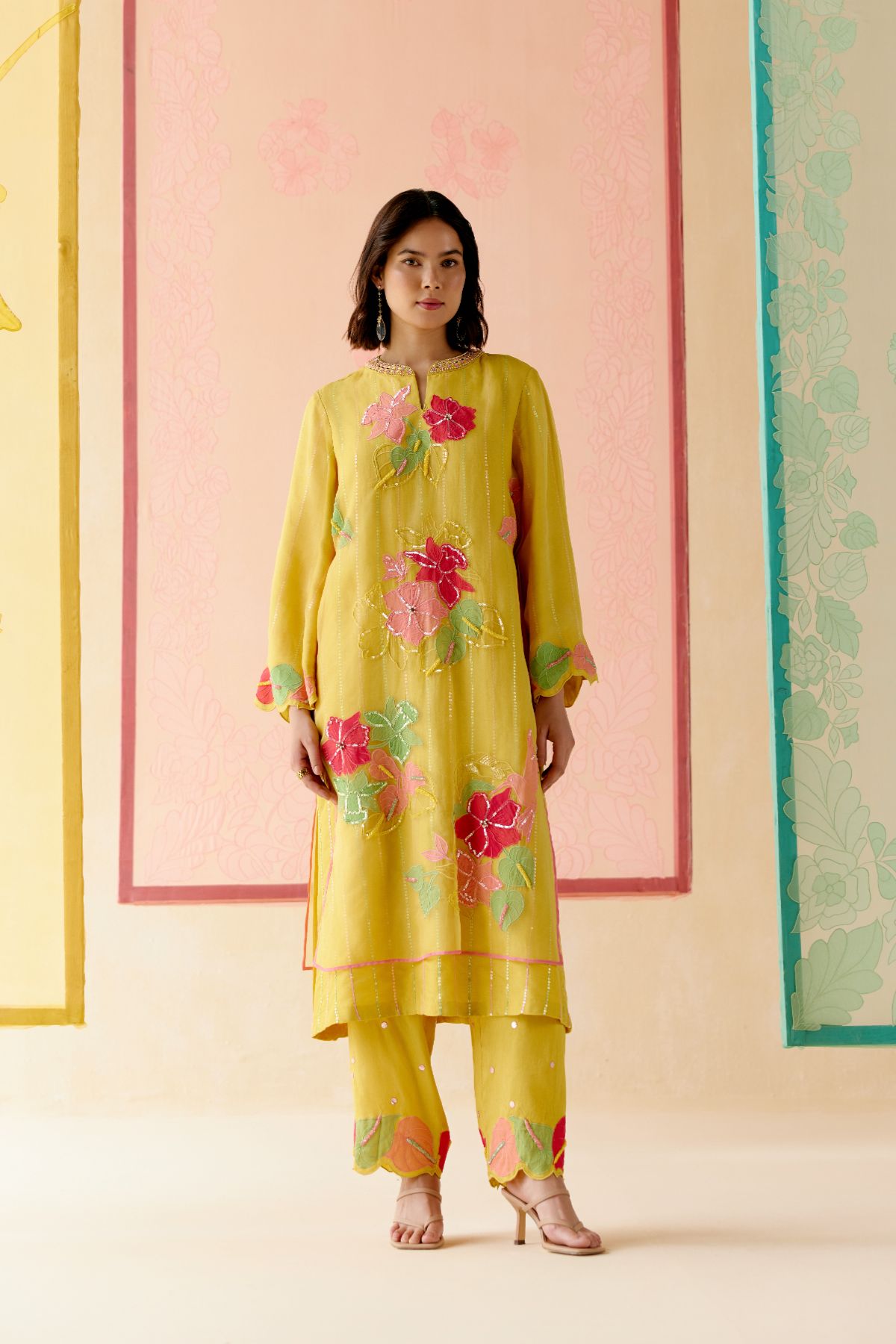 "I AM" a Hibiscus Mustard applique & hand embroidered layered kurta set