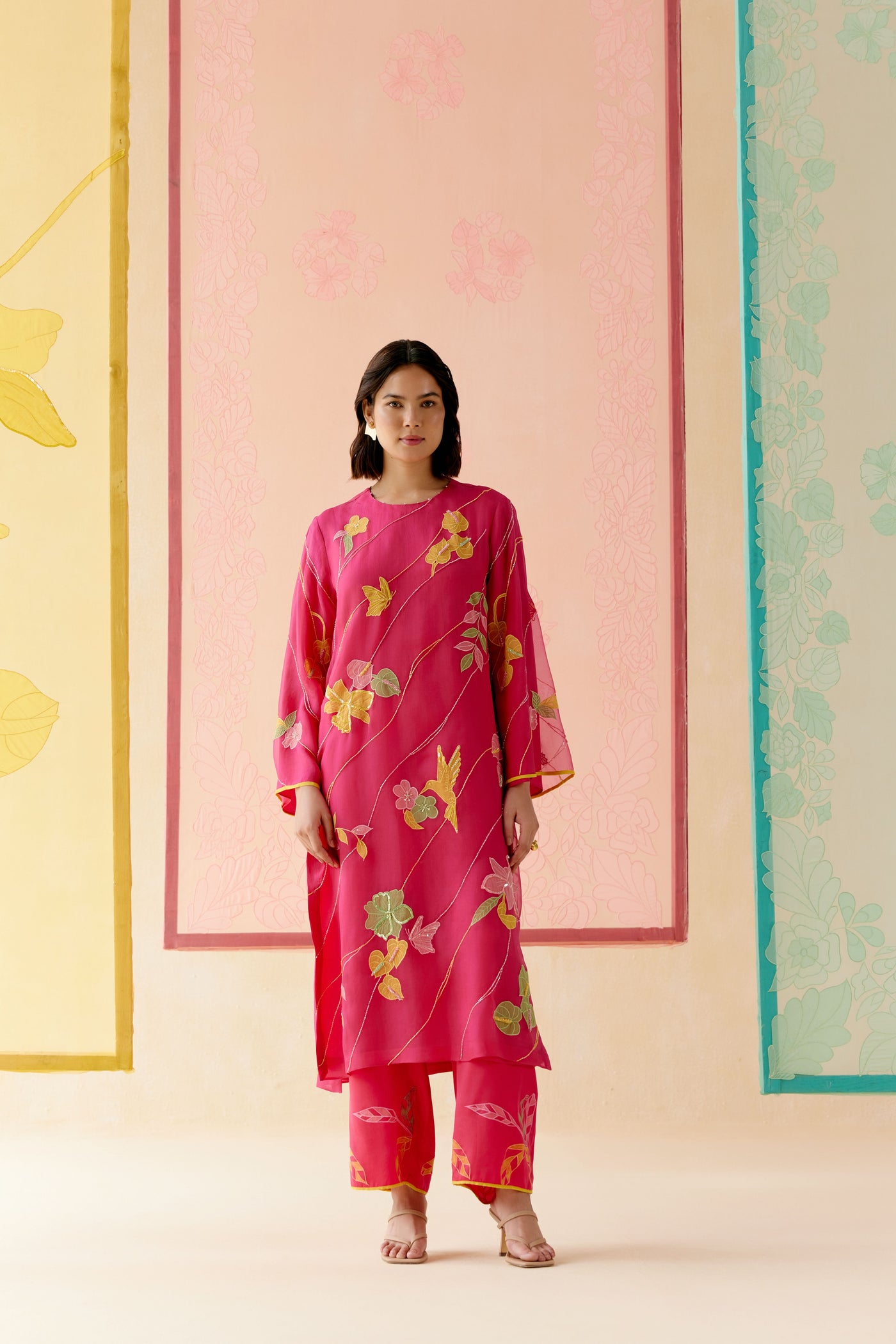"I AM" a Bougainvillea pink applique & hand embroidered leher suit set