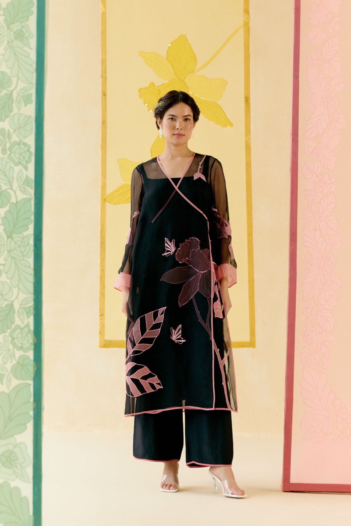 "I AM" a Rose black applique & hand embroidered angrakha kurta set