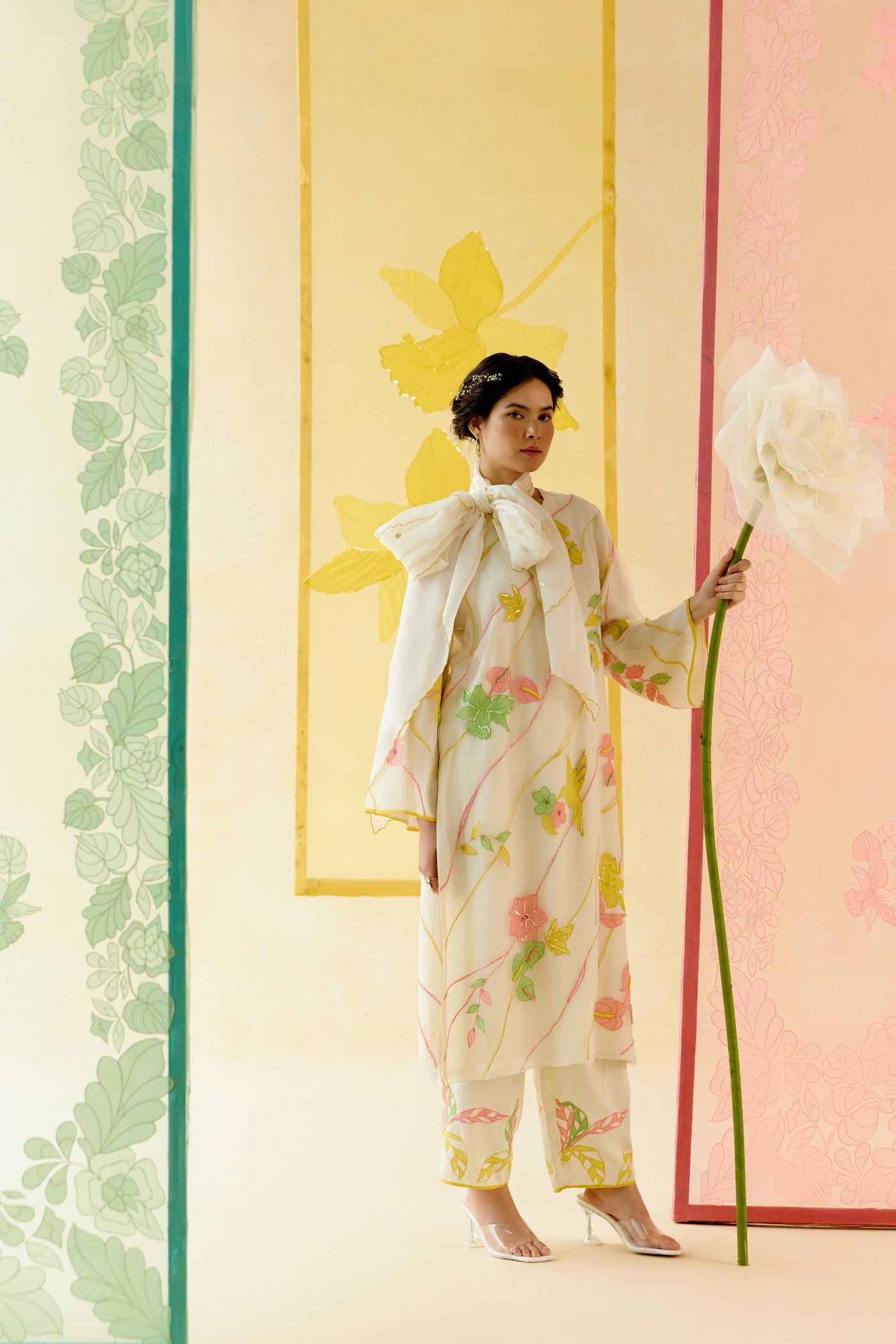 I AM" a Bougainvillea white applique & hand embroidered leher suit set