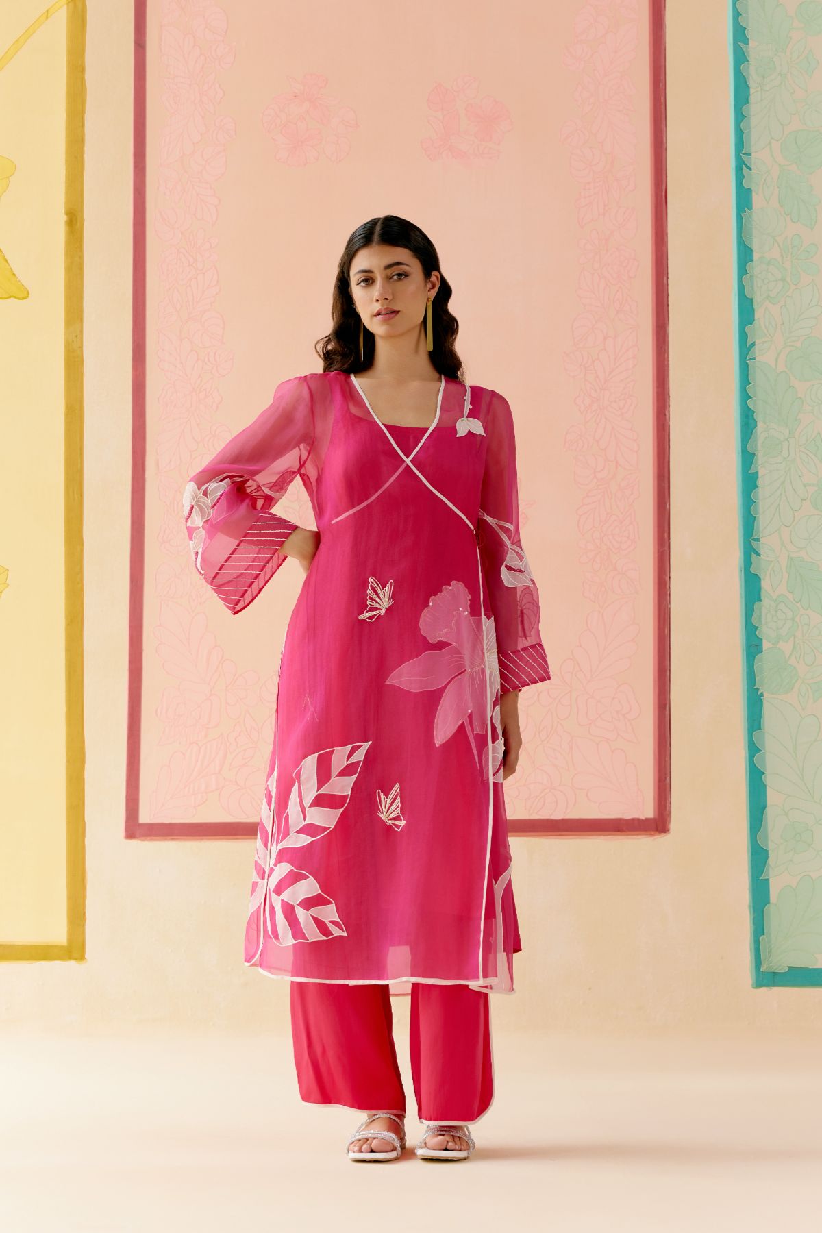 "I AM" a Tulip pink  applique & hand embroidered angrakha kurta set