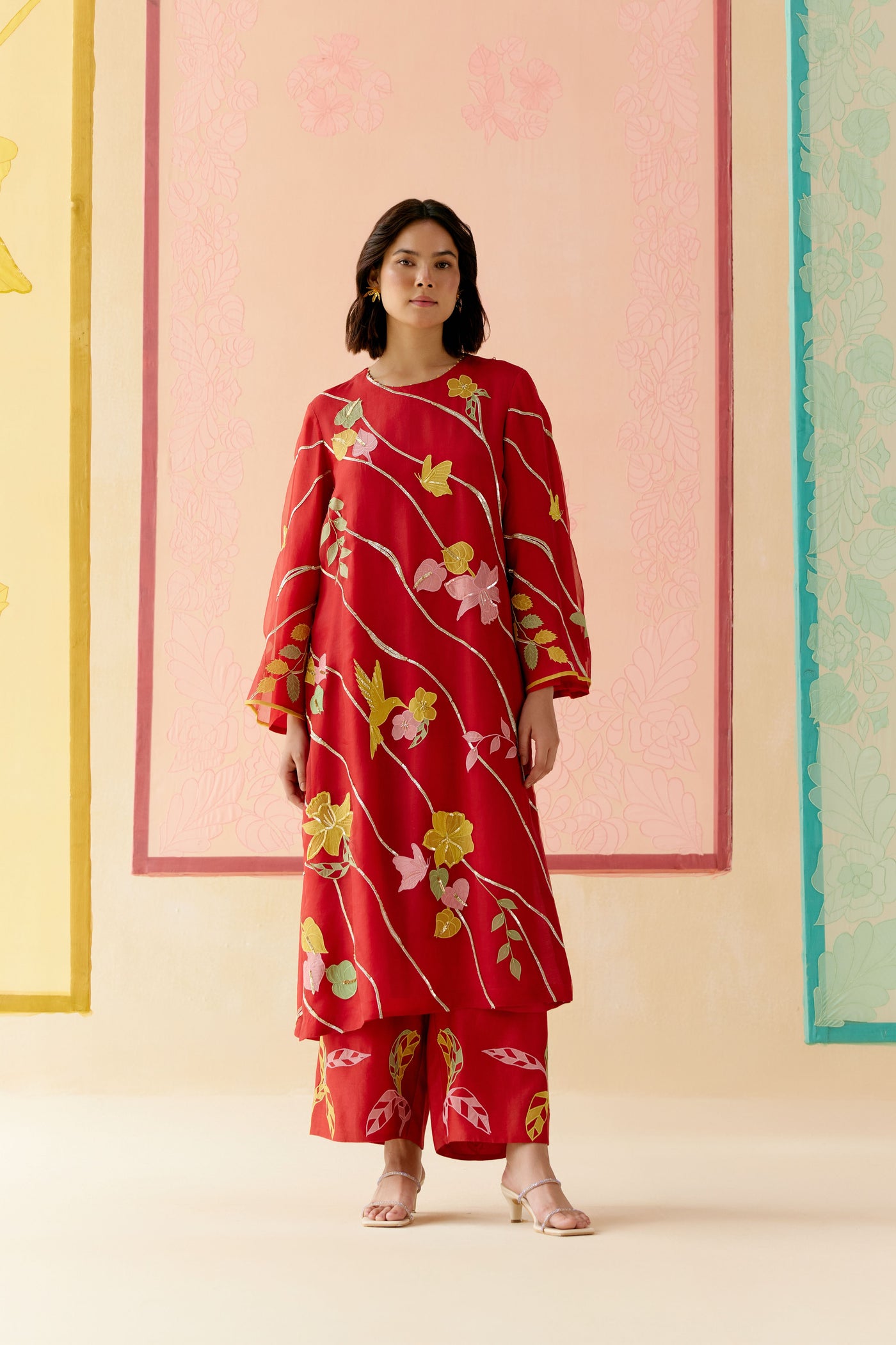 "I AM" a Bougainvillea red applique & hand embroidered leher suit set