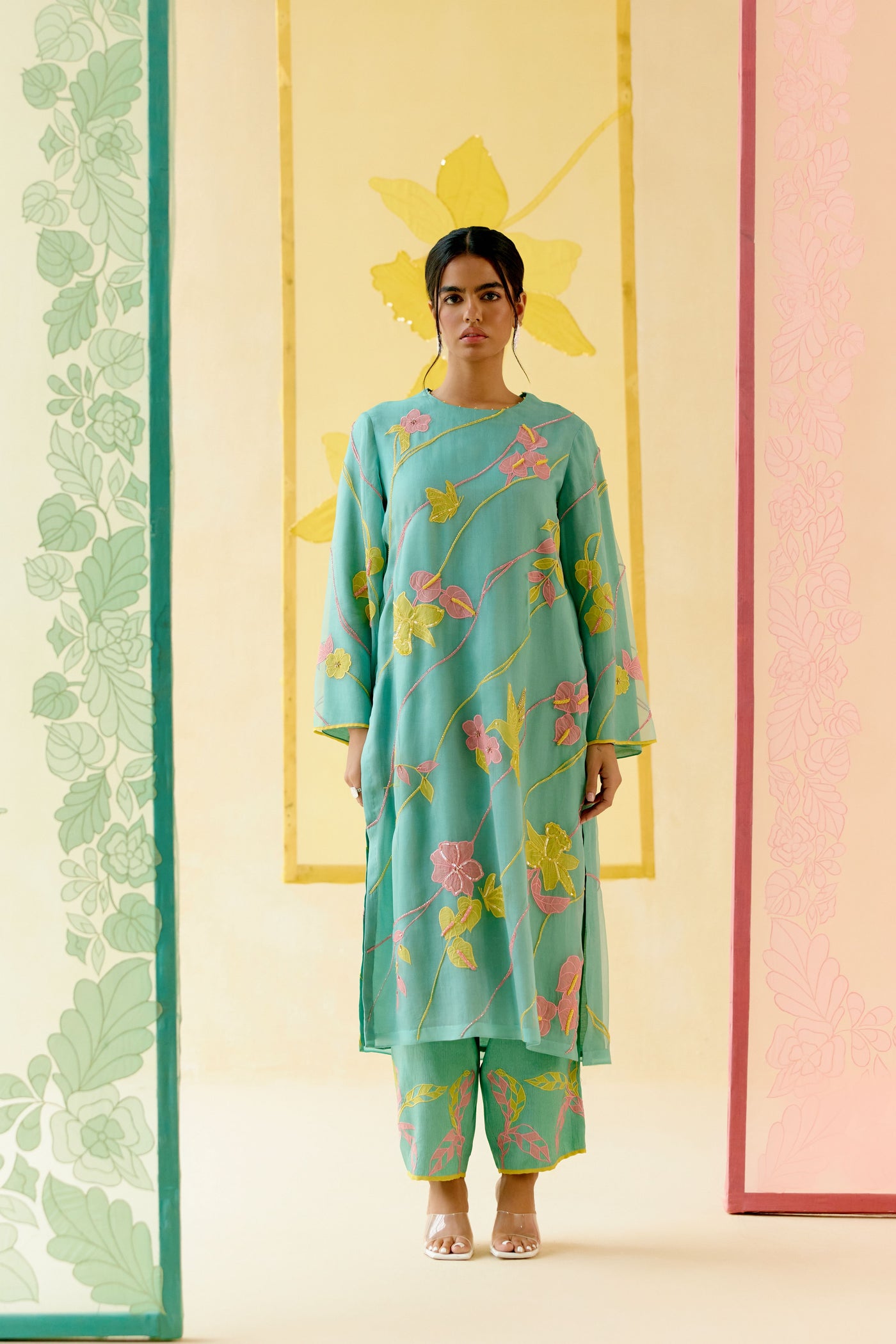 "I AM" a Bougainvillea mint applique & hand embroidered leher suit set