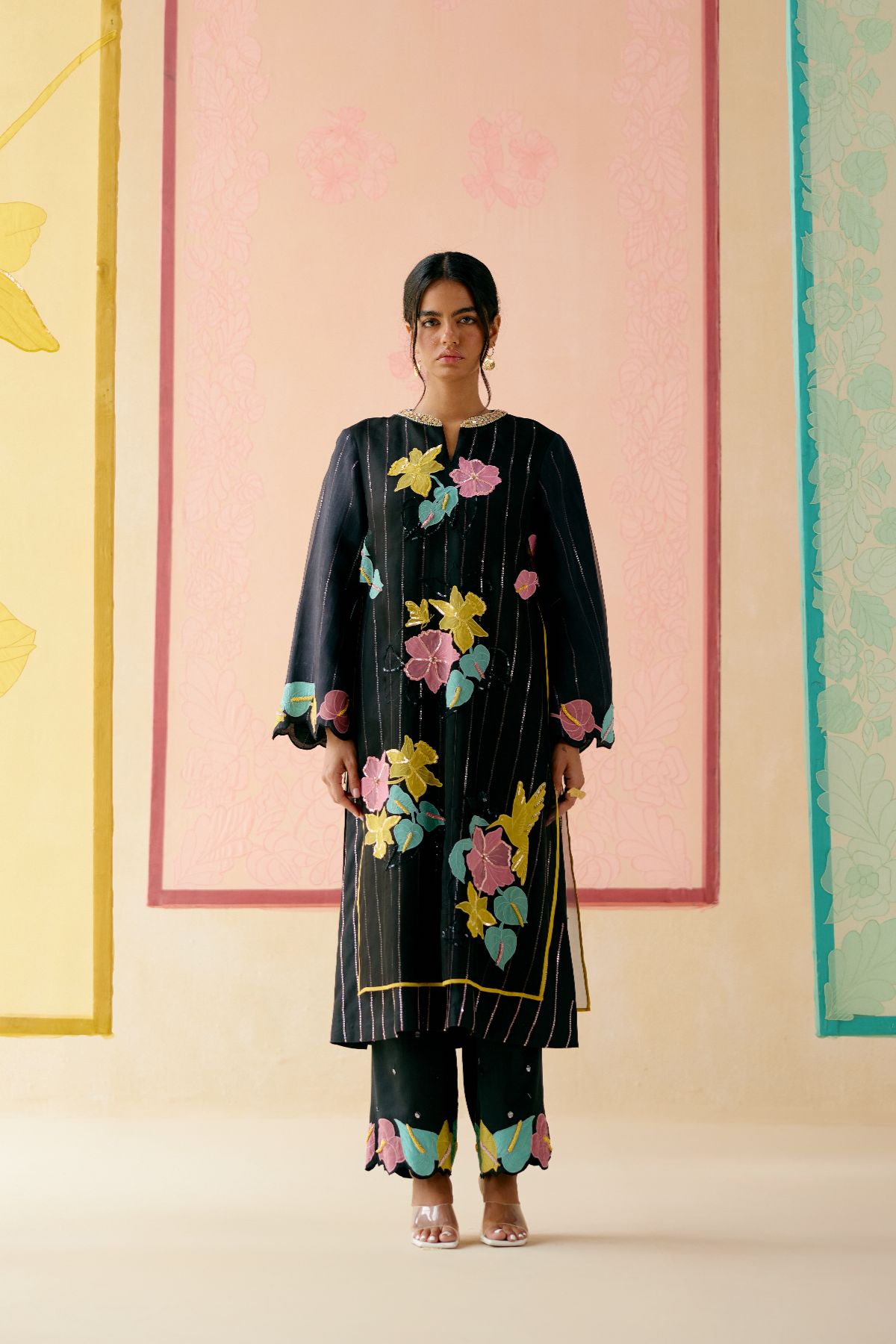"I AM" a Rainbow rose black applique & hand embroidered layered kurta set