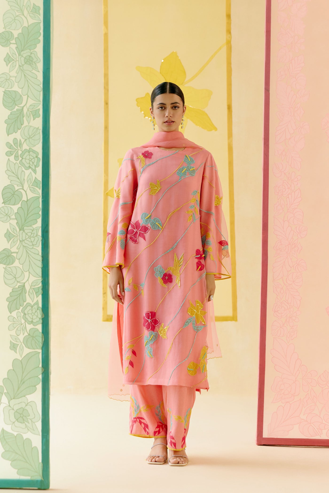 "I AM" a Bougainvillea blush pink applique & hand embroidered leher suit set
