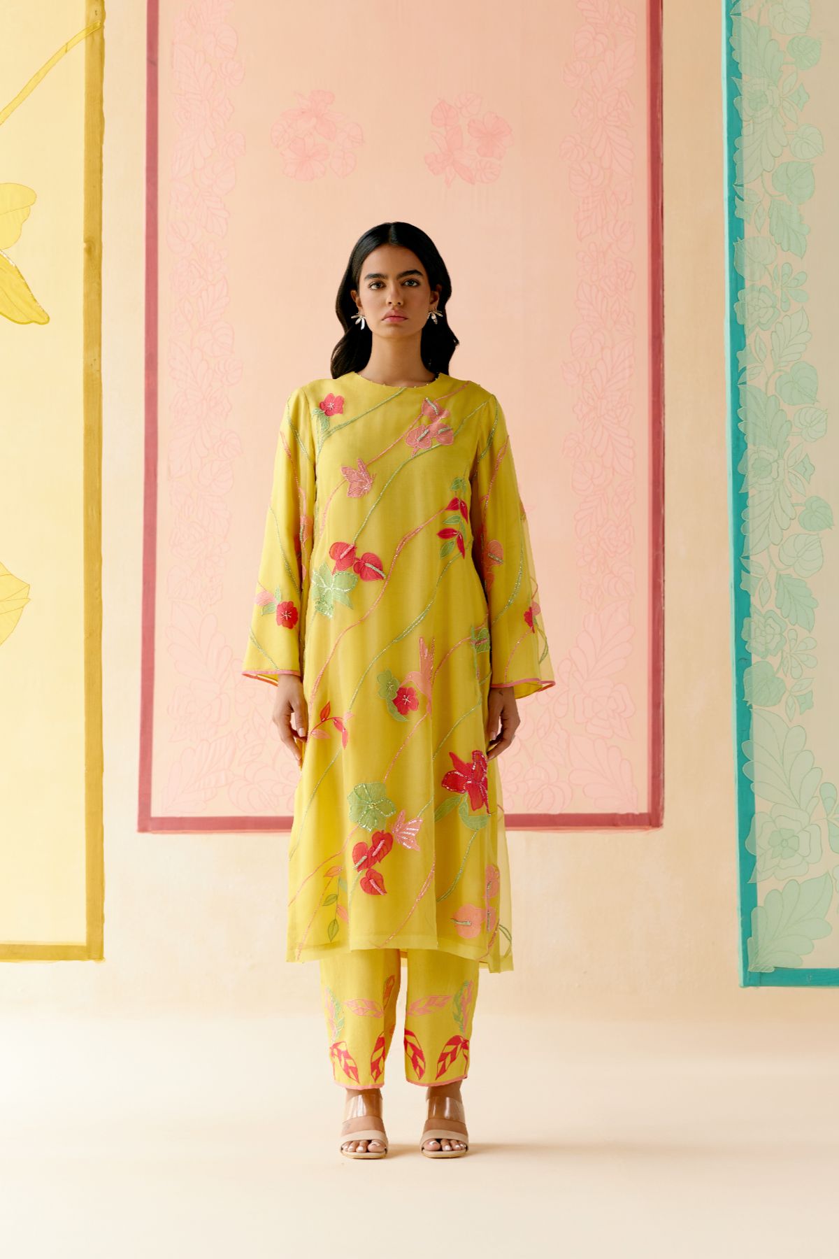 "I AM" a Bougainvillea mustard applique & hand embroidered leher suit set