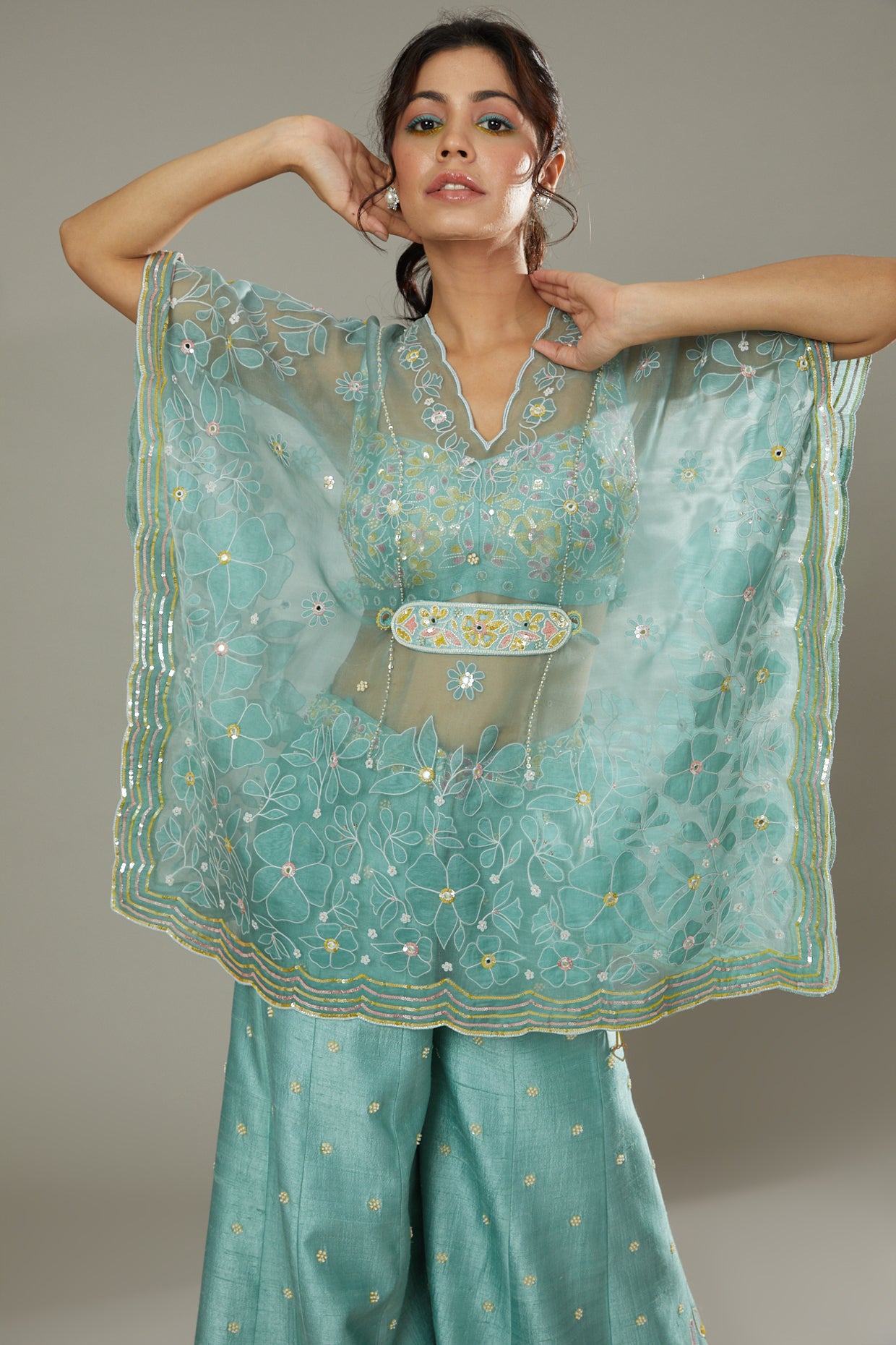 Pepper mint candy hand embroidered and applique work sharara cum plazzo set