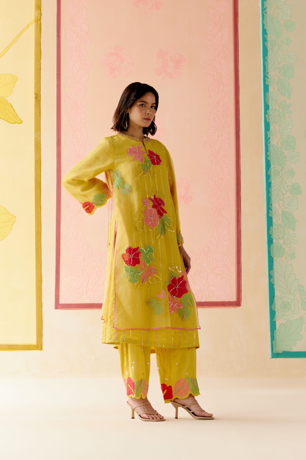 "I AM" a Bougainvillea mustard applique & hand embroidered leher suit set