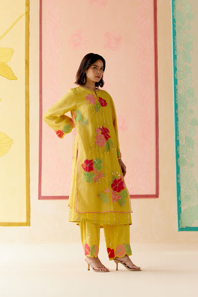 "I AM" a Hibiscus Mustard applique & hand embroidered layered kurta set