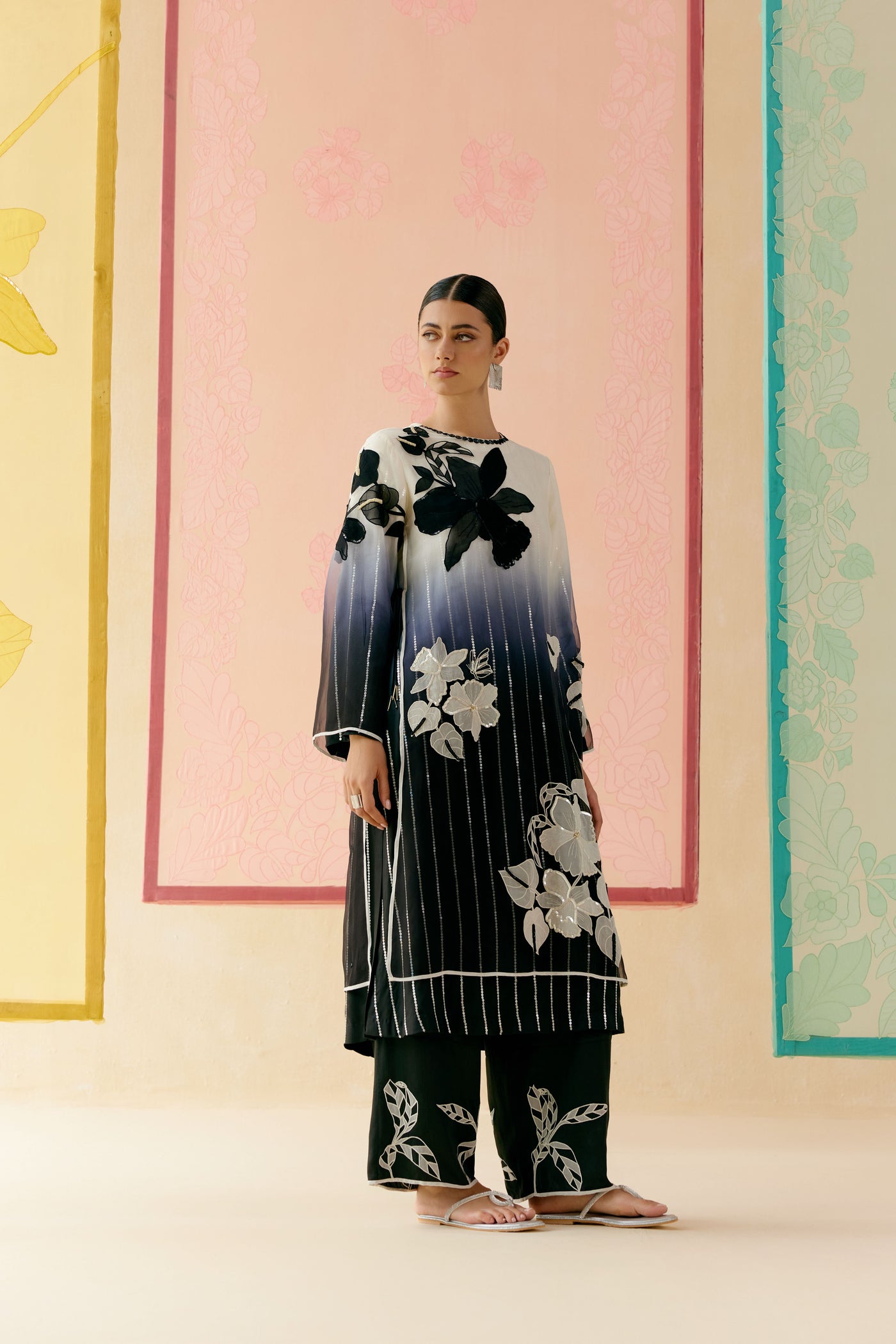 "i Am" a Black & White Rose  Applique & Hand Embroidered Ombre Layered Kurta Set
