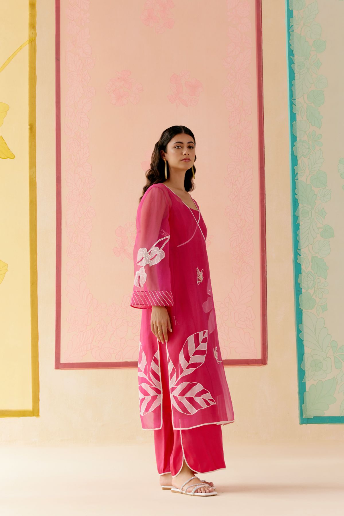 "I AM" a Tulip pink  applique & hand embroidered angrakha kurta set