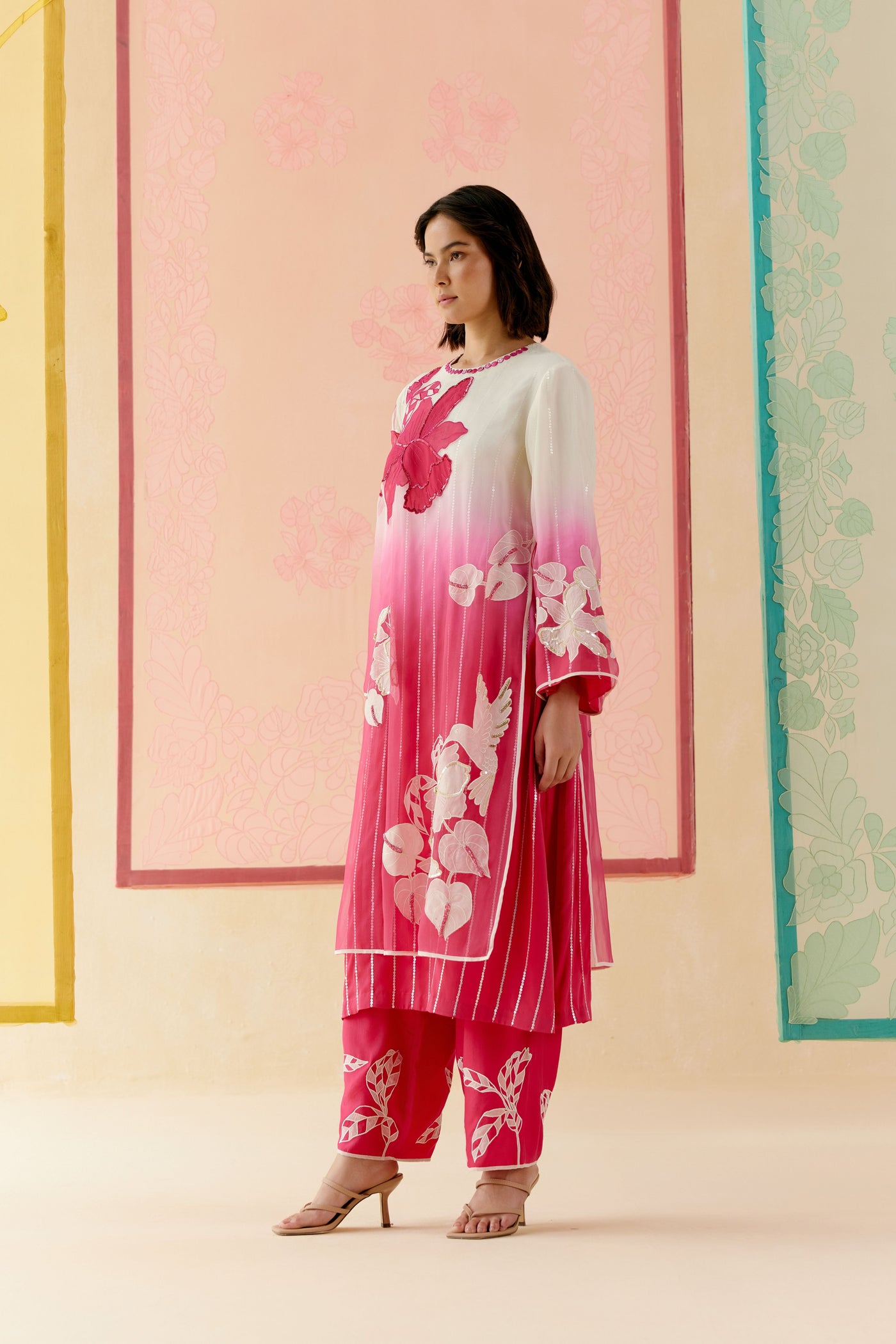 "I AM" a Pink & white rose  applique & hand embroidered ombre layered kurta set