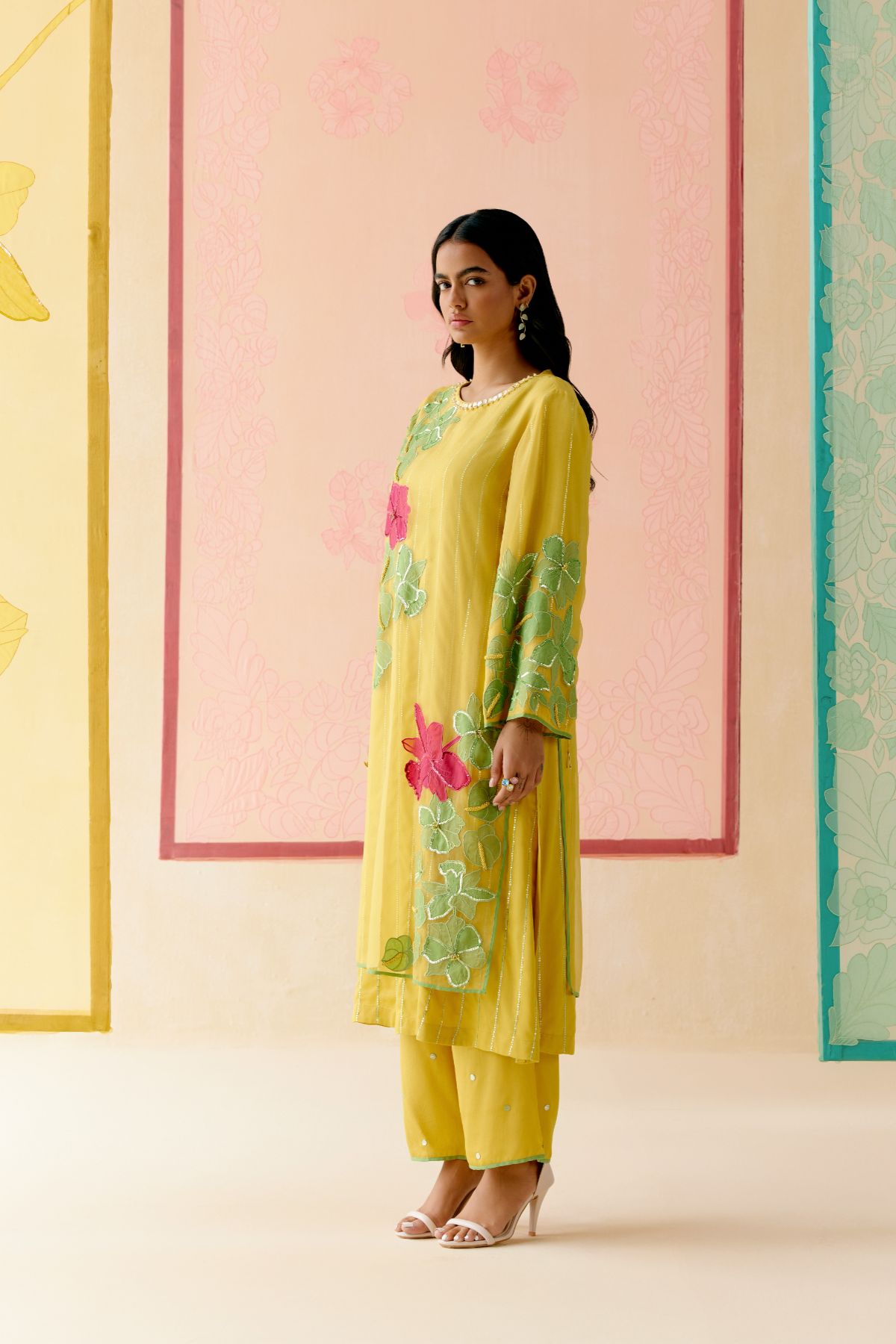 "I AM" a Hyacinth  Mustard applique & hand embroidered layered kurta set