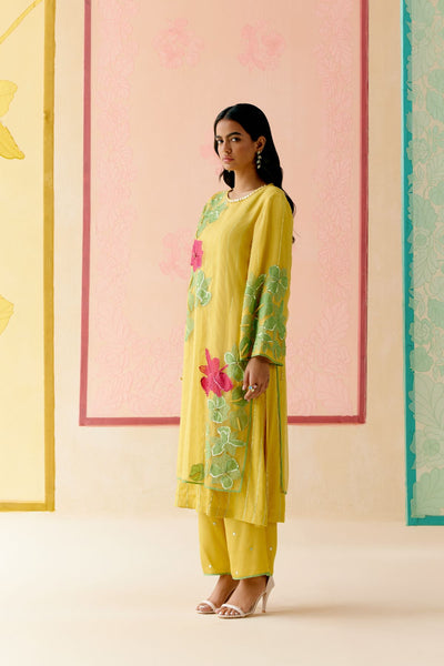 "I AM" a Hyacinth  Mustard applique & hand embroidered layered kurta set