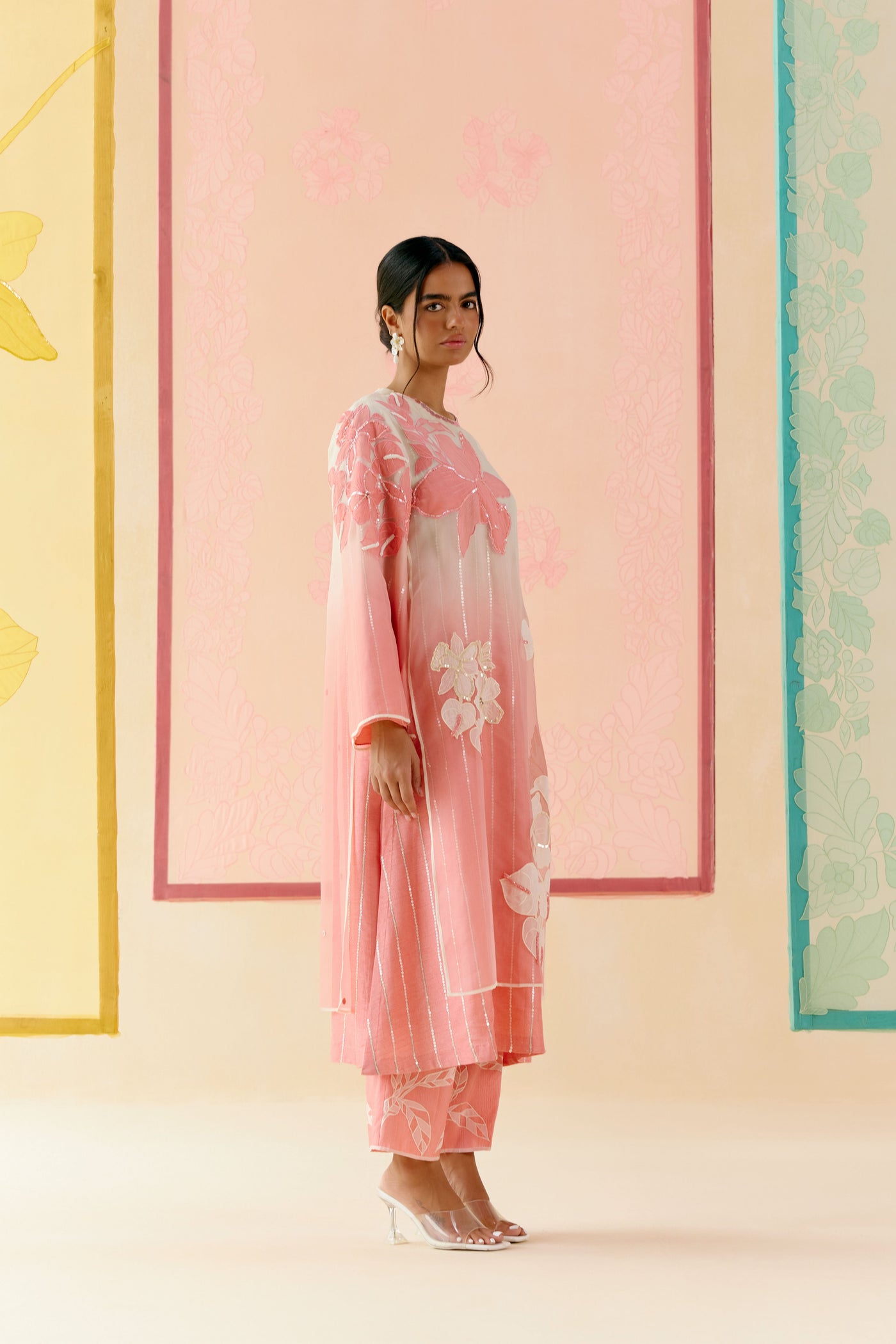 "I AM" a Cherry blossom pink & ivory  applique & hand embroidered ombre layered kurta set