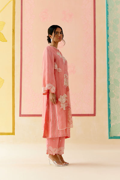 "I AM" a Dahlia pink applique & hand embroidered layered kurta set