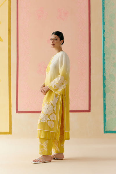 "I AM" a Begonia mustard & ivory applique & hand embroidered ombre layered kurta set