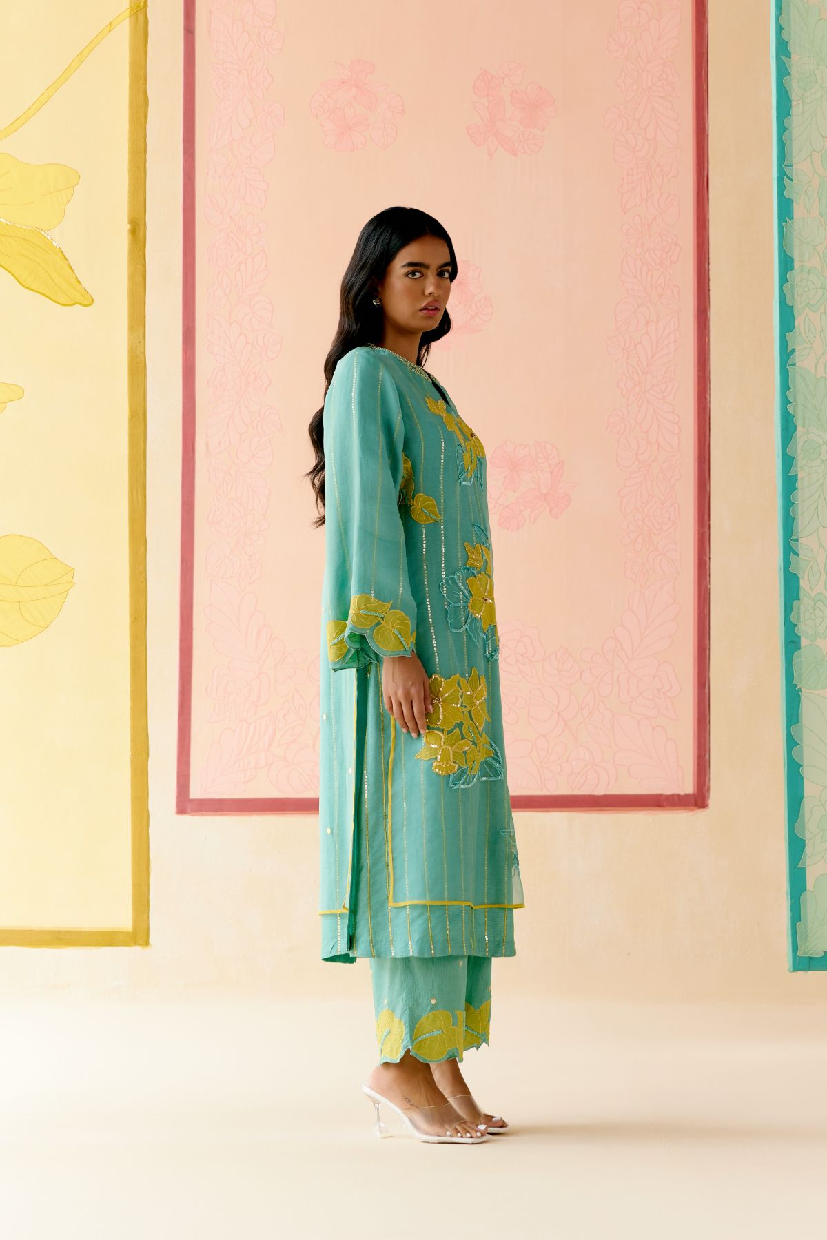 "I AM" a Daisy mint applique & hand embroidered layered kurta set