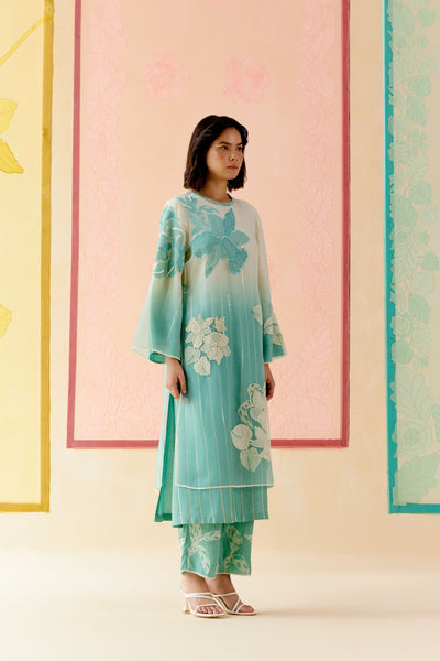 "I AM" a Hydrangea mint & ivory applique & hand embroidered ombre layered kurta set