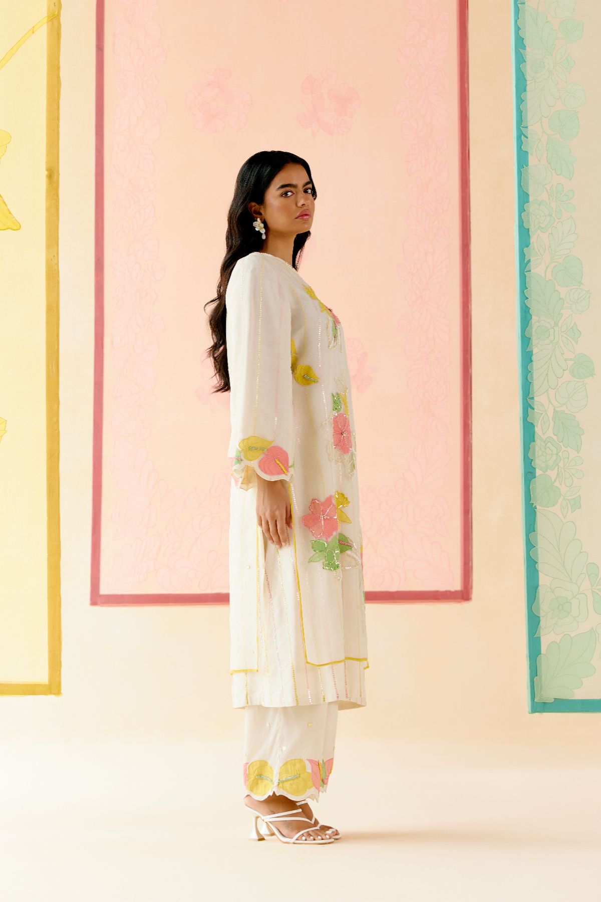 "I AM" a Petunias white applique & hand embroidered layered kurta set