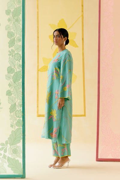 "I AM" a Bougainvillea mint applique & hand embroidered leher suit set