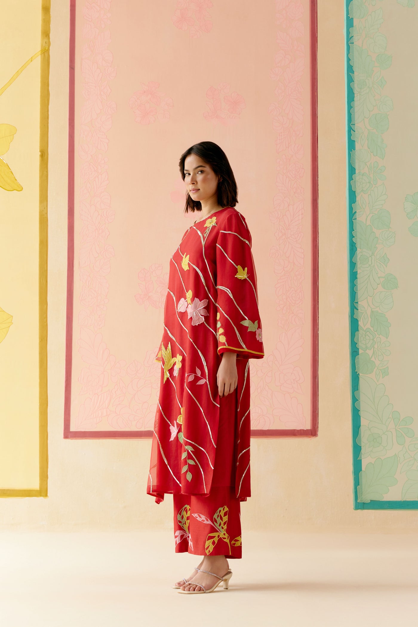 "I AM" a Bougainvillea red applique & hand embroidered leher suit set