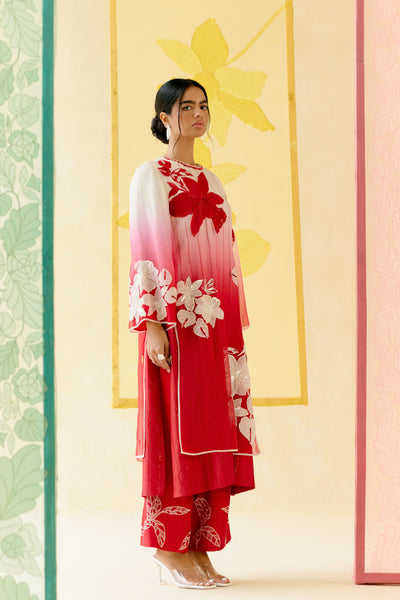"I AM" a Red  & white rose  applique & hand embroidered ombre layered kurta set