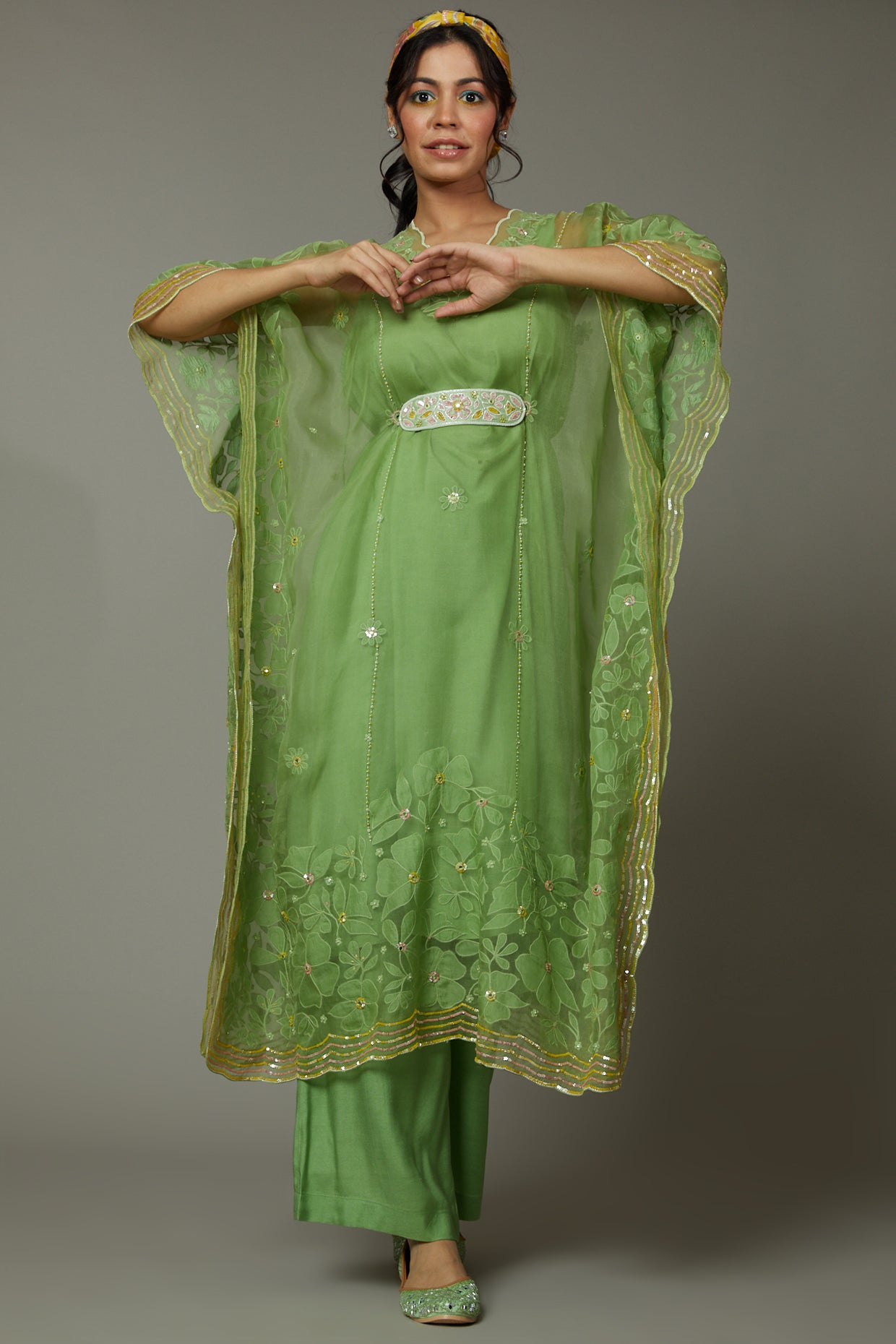 Green apple candy applique and hand embroidered Kaftaan set