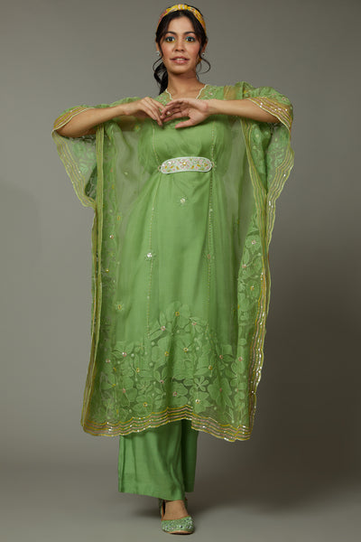 Green apple candy applique and hand embroidered Kaftaan set