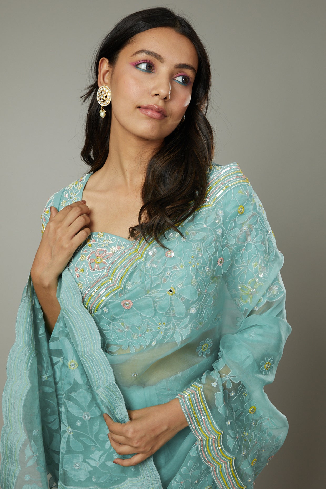 Pepper mint candy applique & hand embroidered silk organza saree set