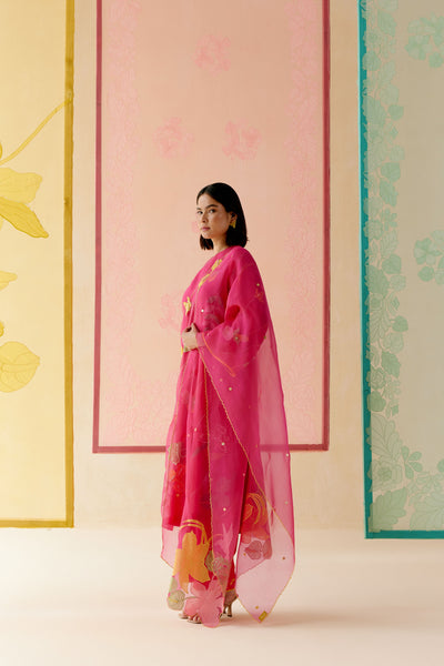 "I AM" a Bougainvillea pink applique & hand embroidered leher suit set