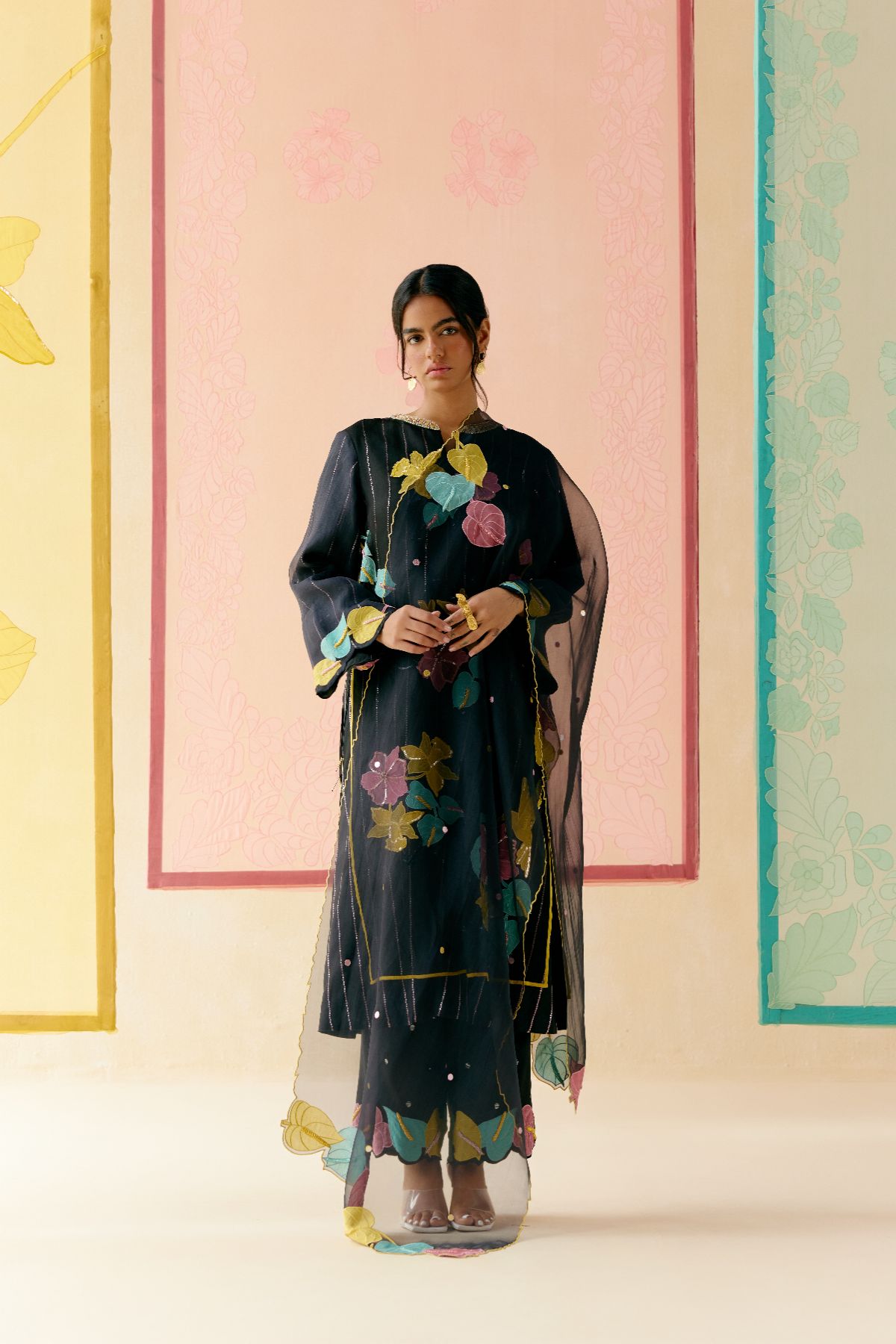 "I AM" a Rainbow rose black applique & hand embroidered layered kurta set