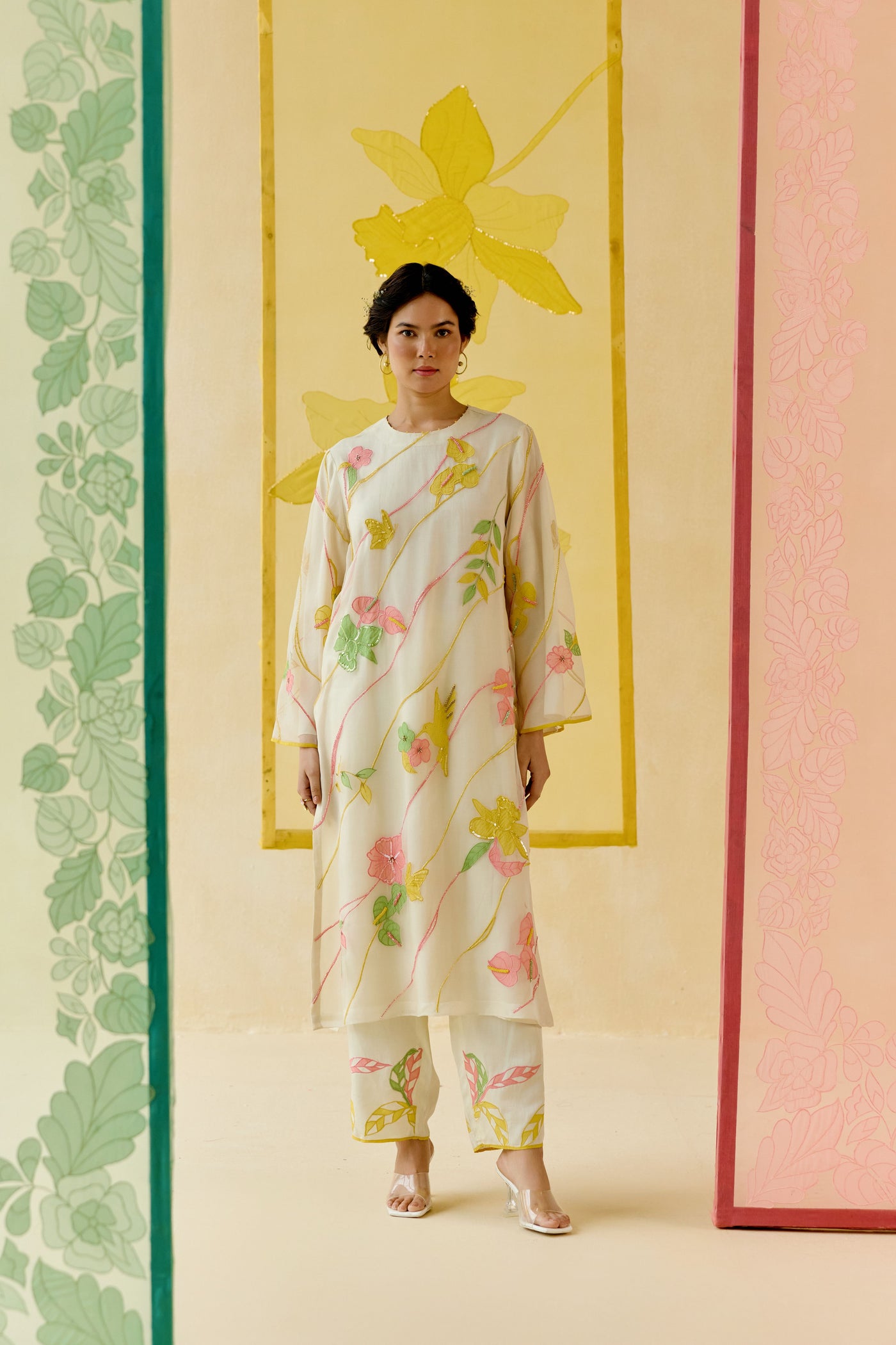 I AM" a Bougainvillea white applique & hand embroidered leher suit set