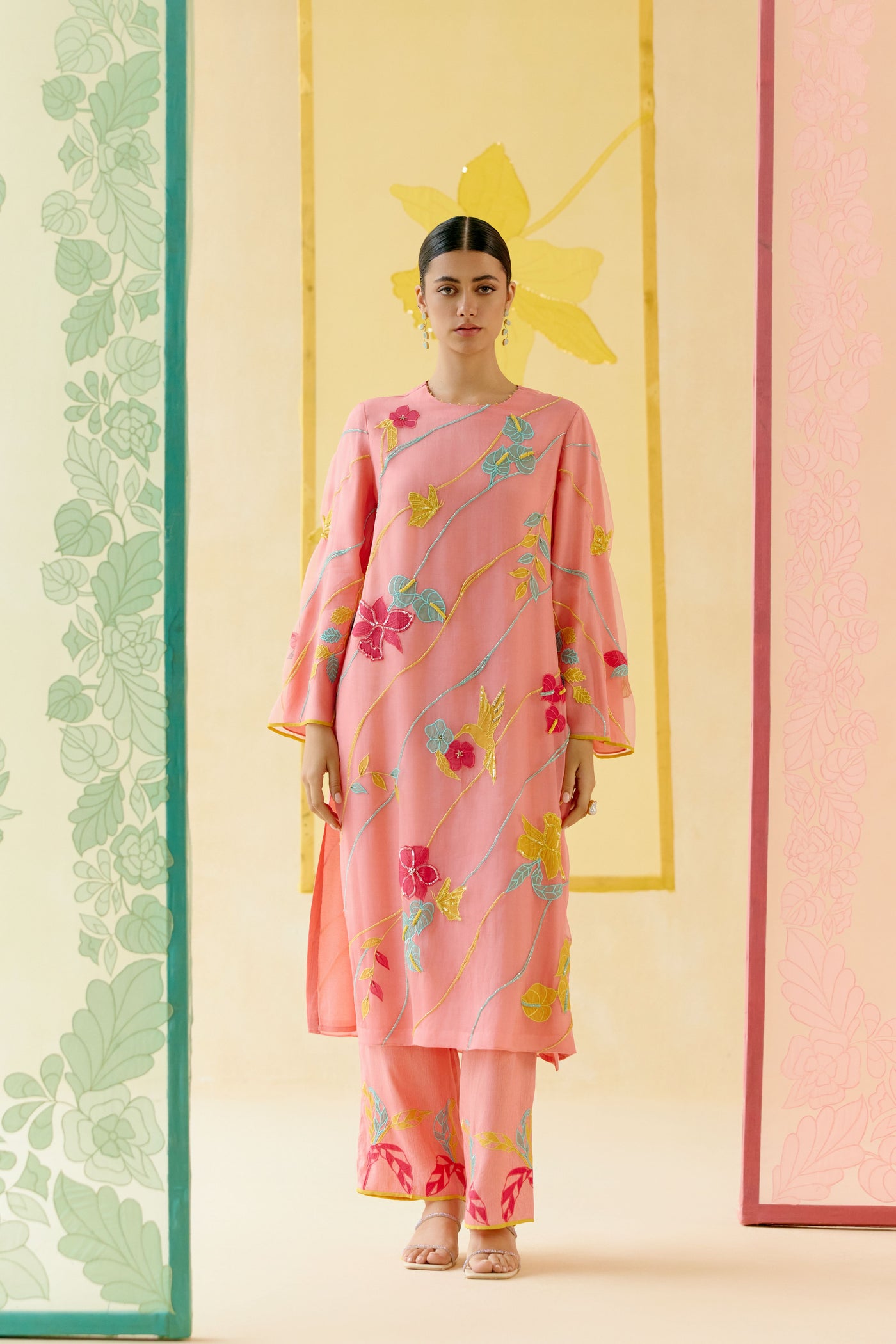 "I AM" a Bougainvillea blush pink applique & hand embroidered leher suit set