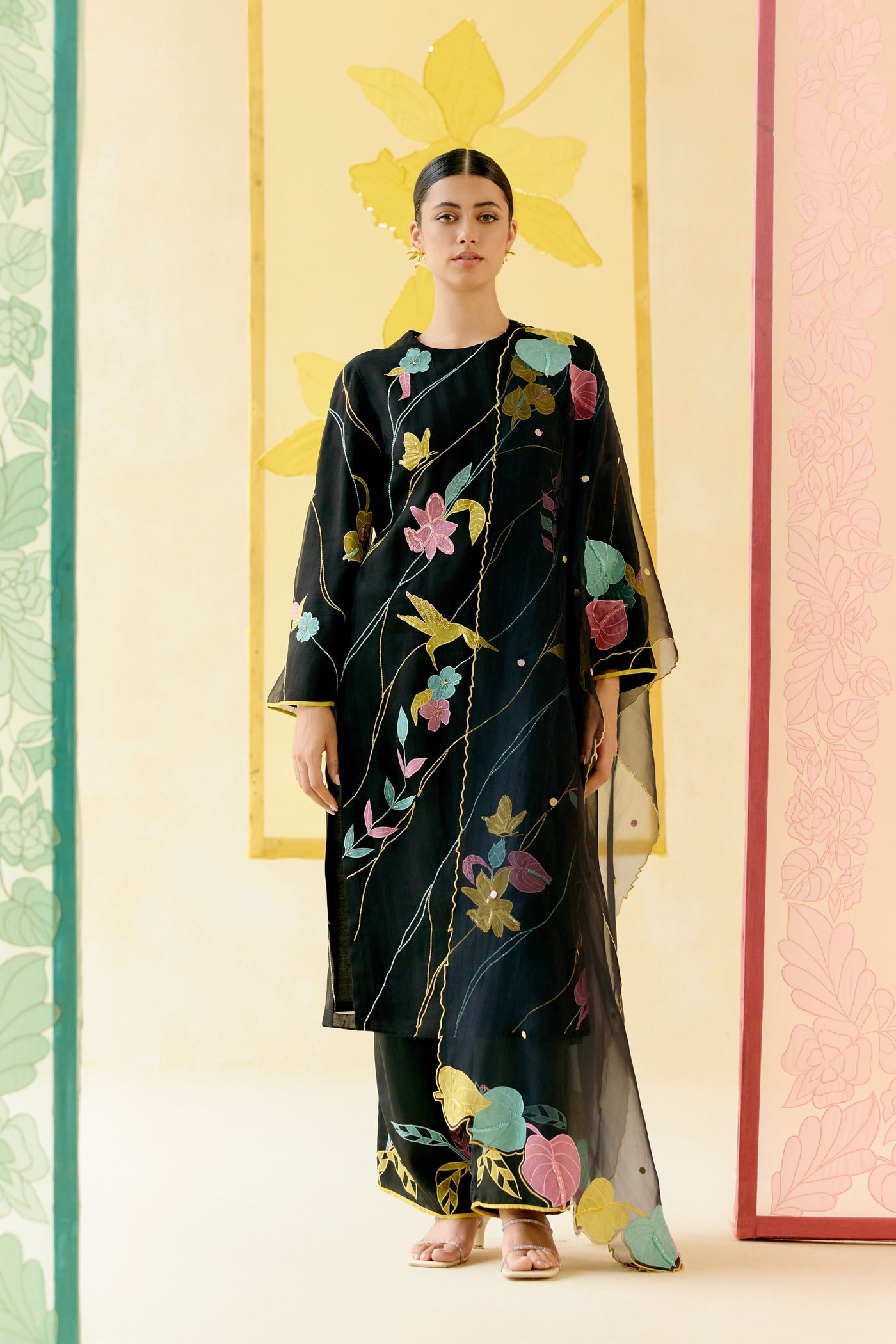 "I AM" a Bougainvillea black applique & hand embroidered leher suit set