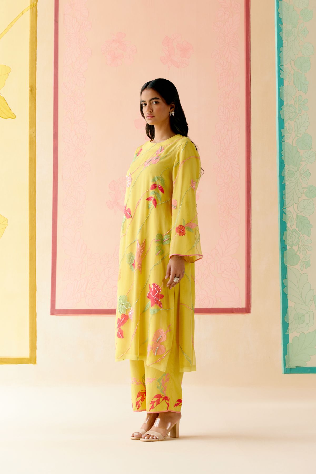"I AM" a Bougainvillea mustard applique & hand embroidered leher suit set