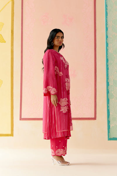 "I AM" a Carnation pink applique & hand embroidered layered kurta set