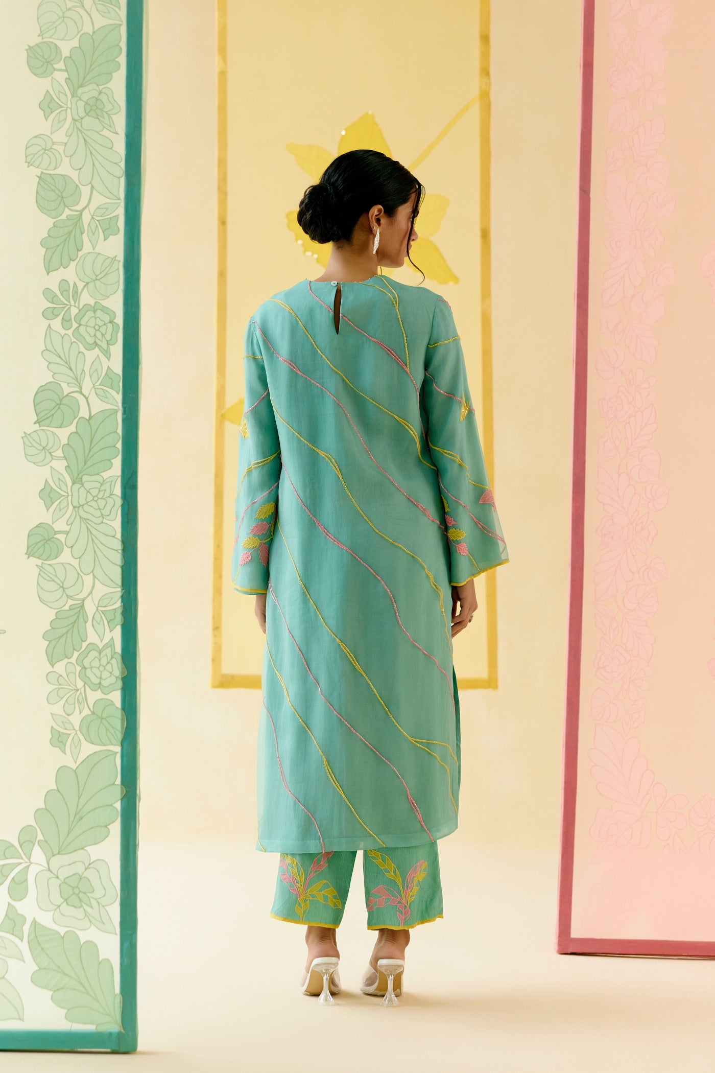 "I AM" a Bougainvillea mint applique & hand embroidered leher suit set