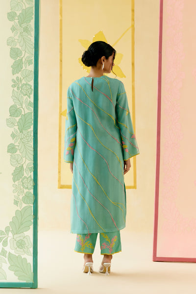 "I AM" a Bougainvillea mint applique & hand embroidered leher suit set
